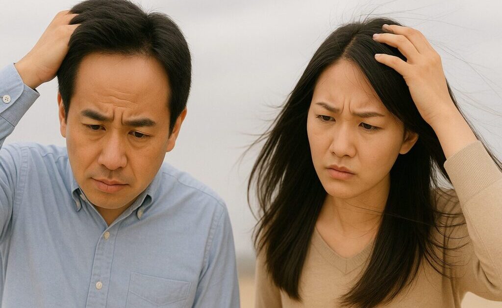 男性と女性が風による薄毛を気にしている