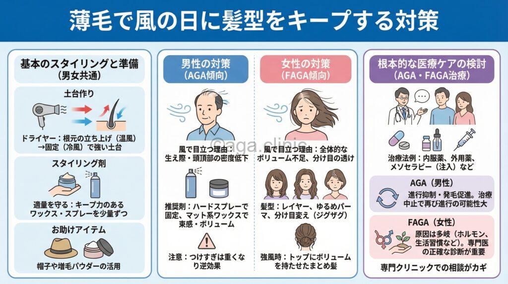 「【薄毛の風対策】男女別の髪型キープ術とAGA・FAGA治療で根本対策」というタイトル記事を要約した当サイトのオリジナル解説イラスト