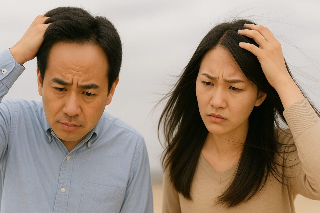 男性と女性が風による薄毛を気にしている