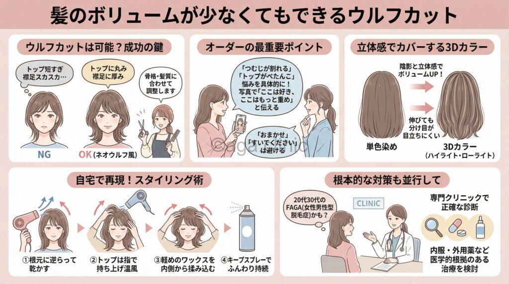「薄毛の女性がウルフカットにしても大丈夫?FAGA治療でふんわりに」というタイトル記事を要約した当サイトのオリジナル解説イラスト
