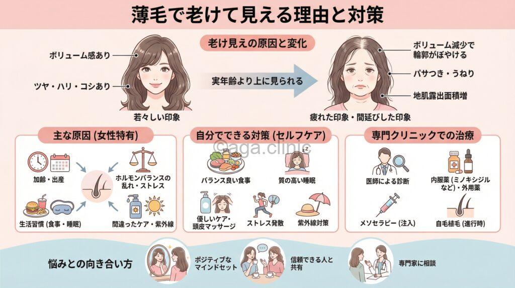 「「薄毛のせいで老けて見える…」と感じる女性へ！原因と具体的な対策」というタイトル記事を要約した当サイトのオリジナル解説イラスト