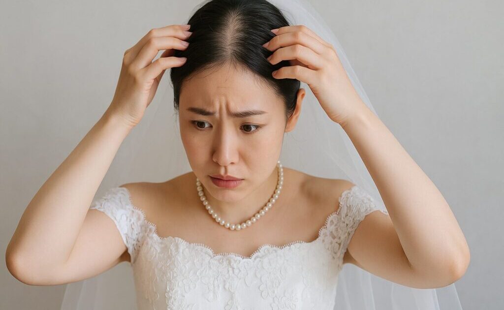 薄毛を気にしているウェディングドレスを着た女性