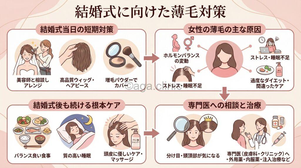 「結婚式が近く薄毛で悩む女性へ!今すぐできるカバー術&根本改善法」というタイトル記事を要約した当サイトのオリジナル解説イラスト