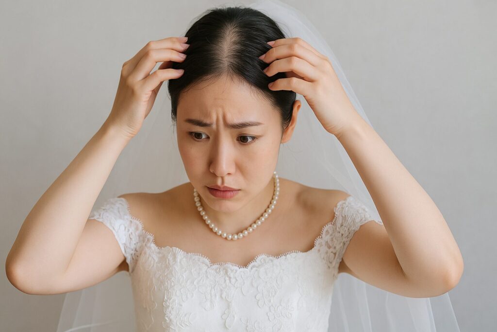 薄毛を気にしているウェディングドレスを着た女性