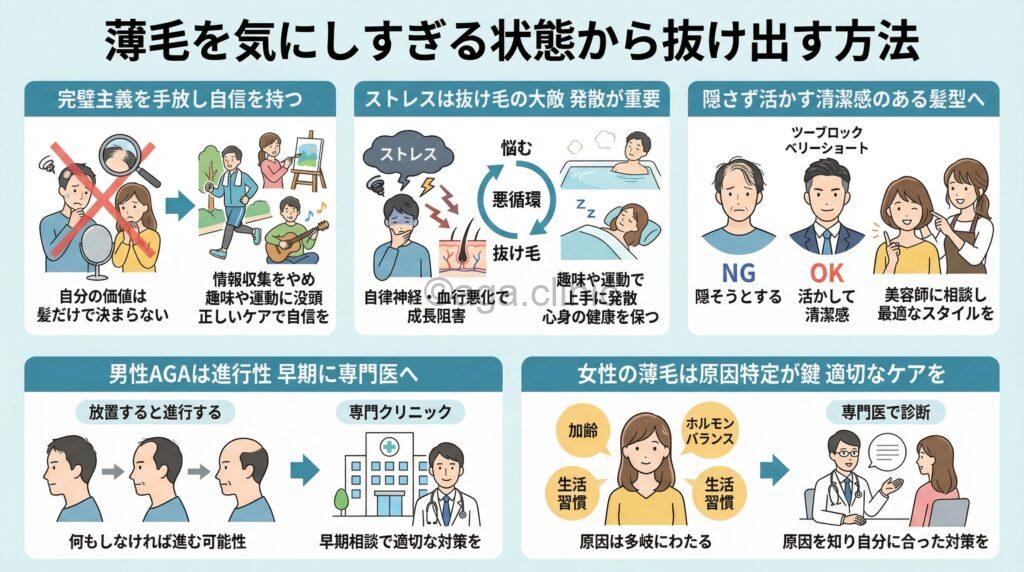 「薄毛を気にしすぎてしまう…気にしない方法と男女別の対策を徹底解説」というタイトル記事を要約した当サイトのオリジナル解説イラスト