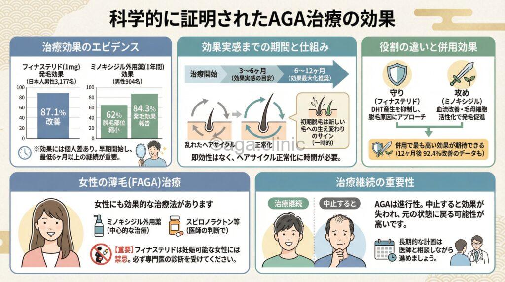 「AGA治療は本当に効果があるのか？臨床試験の結果を基に徹底解説」というタイトル記事を要約した当サイトのオリジナル解説イラスト