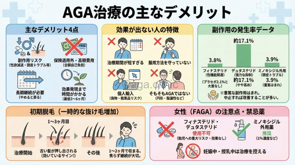 「AGA治療のデメリットとは?後悔する人や効果ない人の特徴を解説」というタイトル記事を要約した当サイトのオリジナル解説イラスト