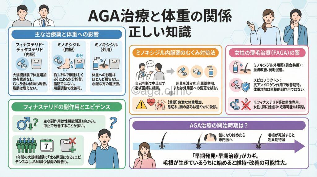 「AGA治療すると太る？ミノキシジル内服薬によるむくみと体重増加の違い」というタイトル記事を要約した当サイトのオリジナル解説イラスト