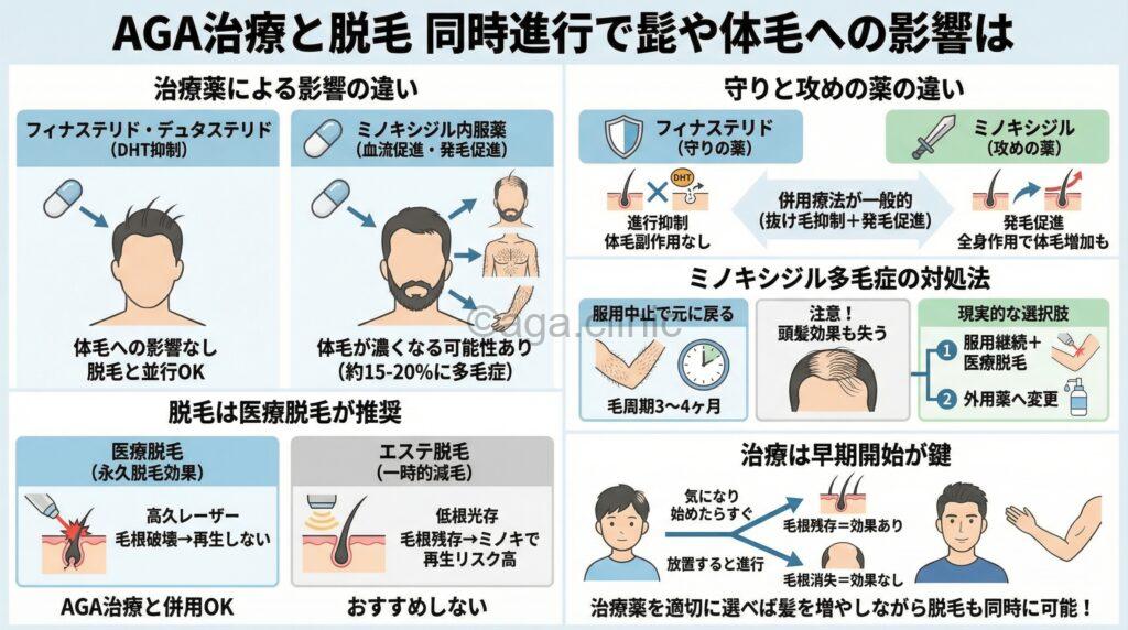 「AGA治療と脱毛は同時にしても髭や体毛は濃くならないのか解説」というタイトル記事を要約した当サイトのオリジナル解説イラスト