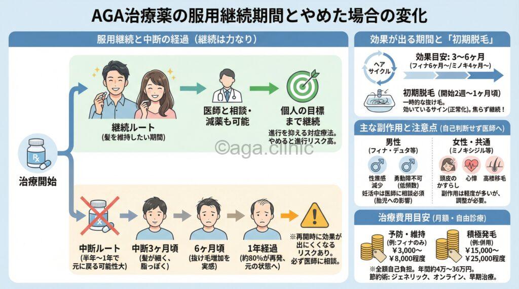 「AGA治療薬はいつまで飲むべき?やめたらどうなるのか徹底解説」というタイトル記事を要約した当サイトのオリジナル解説イラスト