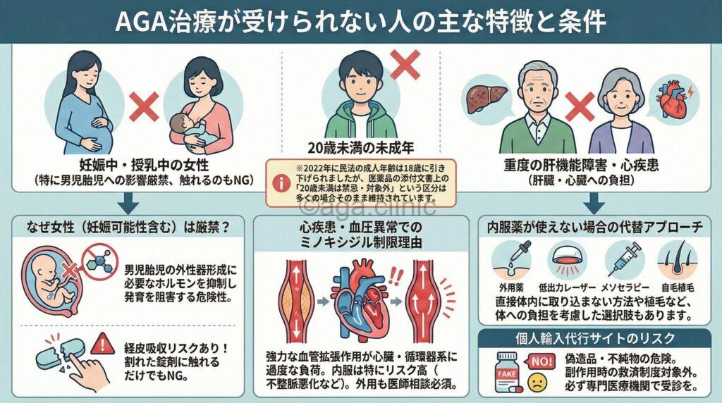 「AGA治療できない人ってどんな人？禁忌条件と持病がある方の改善策」というタイトル記事を要約した当サイトのオリジナル解説イラスト