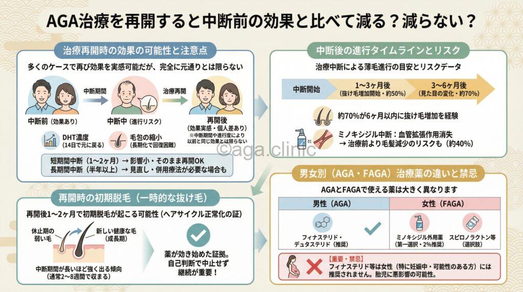 「AGA治療を再開すると中断前の効果と比べて減る?減らない?徹底解説」というタイトル記事を要約した当サイトのオリジナル解説イラスト