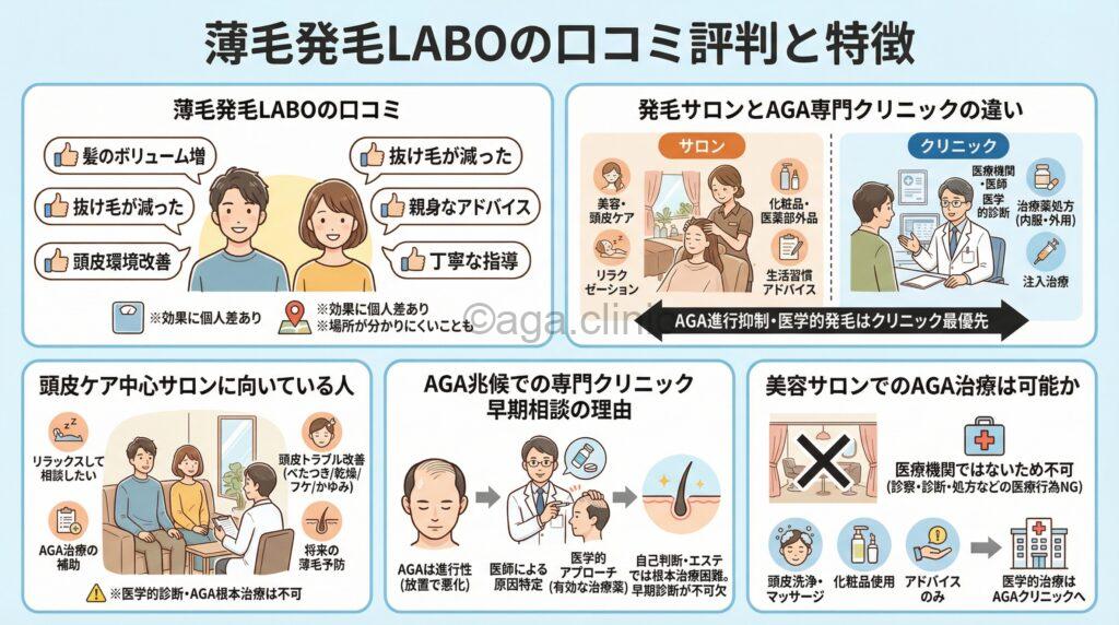 「薄毛発毛LABOの口コミまとめ|AGA専門クリニックとどちらが良い?」というタイトル記事を要約した当サイトのオリジナル解説イラスト