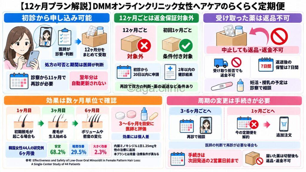 「【12ヶ月プラン解説】DMMオンラインクリニック女性ヘアケアのらくらく定期便」というタイトル記事を要約した当サイトのオリジナル解説イラスト