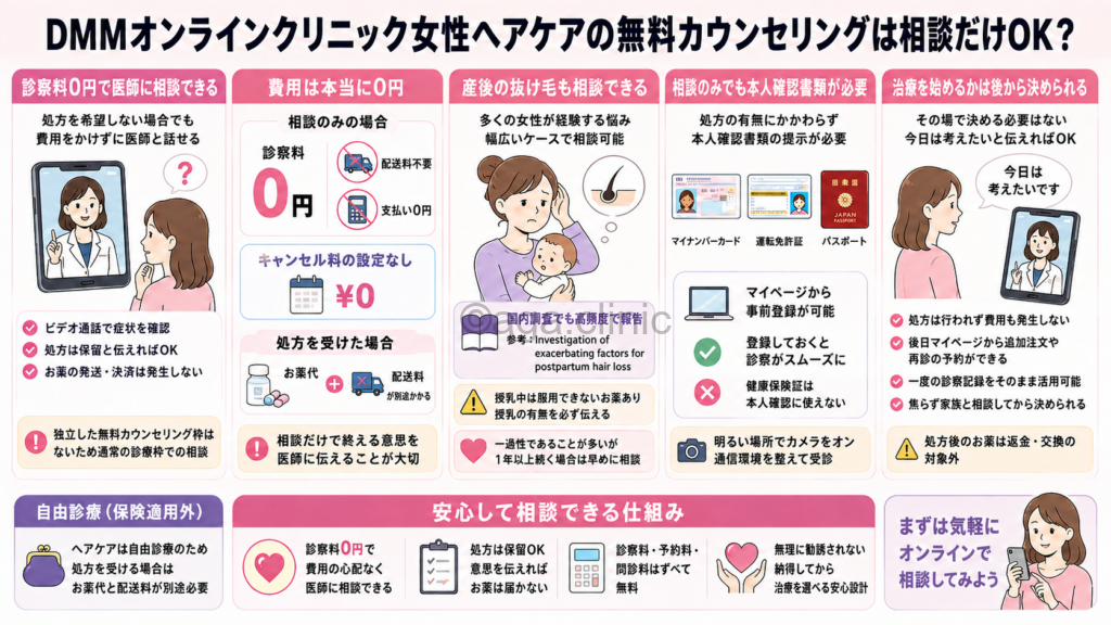 「DMMオンラインクリニック女性ヘアケアの無料カウンセリングは相談だけOK?」というタイトル記事を要約した当サイトのオリジナル解説イラスト
