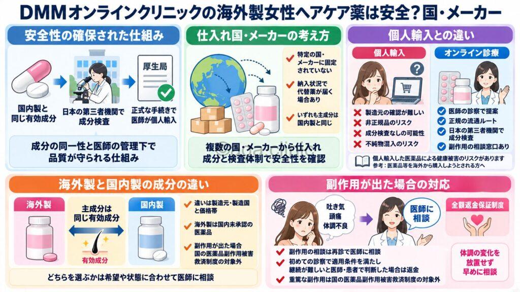 「DMMオンラインクリニックの海外製女性ヘアケア薬は安全?国・メーカー」というタイトル記事を要約した当サイトのオリジナル解説イラスト