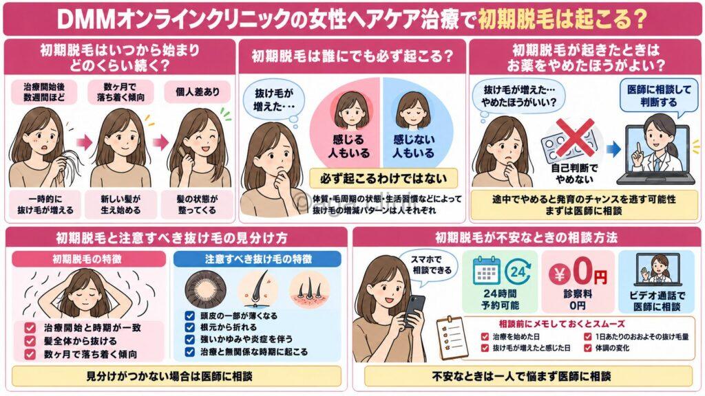 「DMMオンラインクリニックの女性ヘアケア治療で初期脱毛は起こる?対処方法」というタイトル記事を要約した当サイトのオリジナル解説イラスト