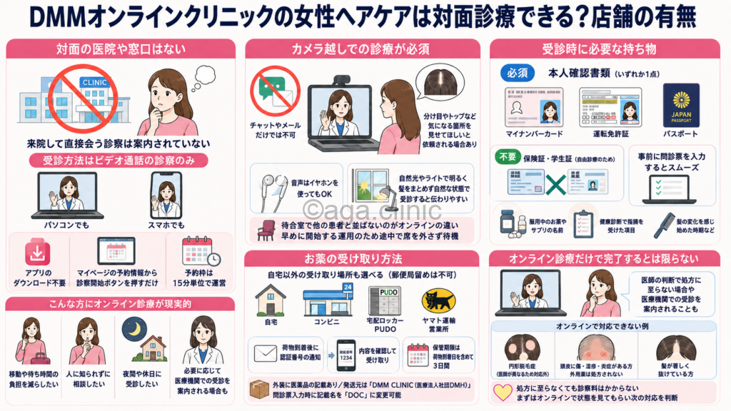 「DMMオンラインクリニックの女性ヘアケアは対面診療できる？店舗の有無」というタイトル記事を要約した当サイトのオリジナル解説イラスト