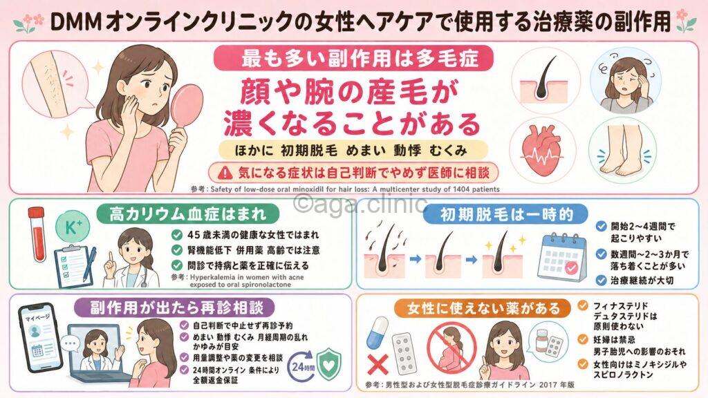 「DMMオンラインクリニックの女性ヘアケアの副作用は?薬別のリスクを解説」というタイトル記事を要約した当サイトのオリジナル解説イラスト