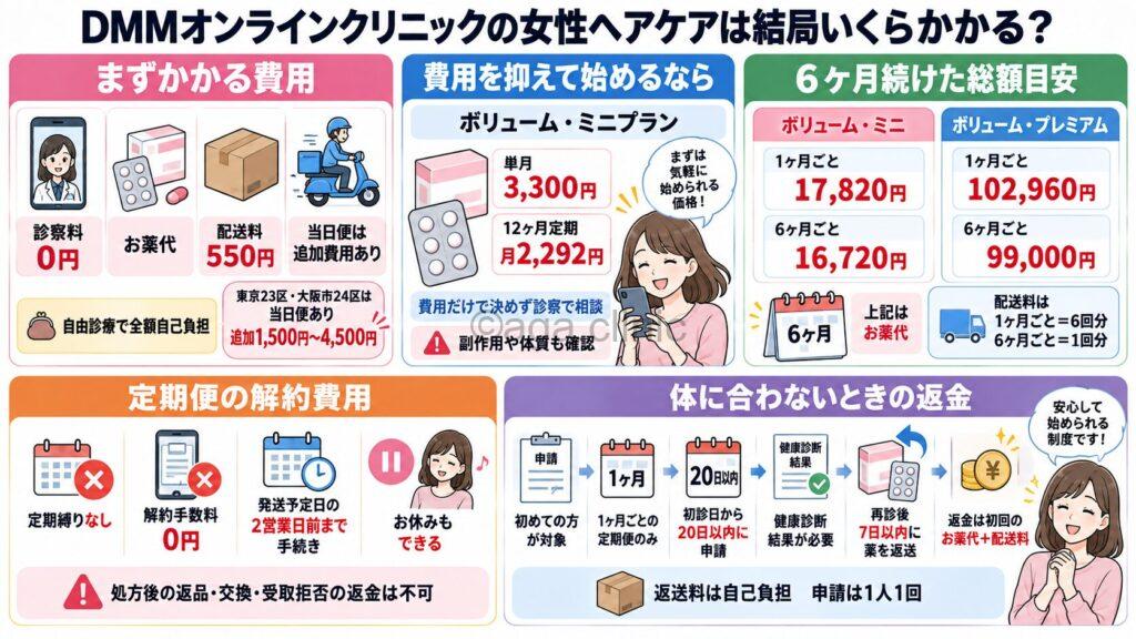 「DMMオンラインクリニックの女性ヘアケアは結局いくらかかるのか徹底解説」というタイトル記事を要約した当サイトのオリジナル解説イラスト